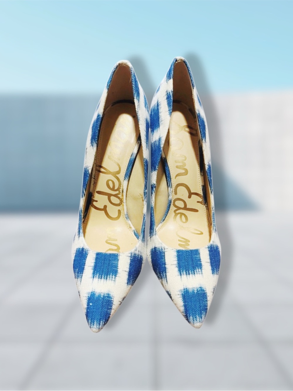 Striking Sam Edelman Blue and Fabric White Patterned Pointed-Toe Heels